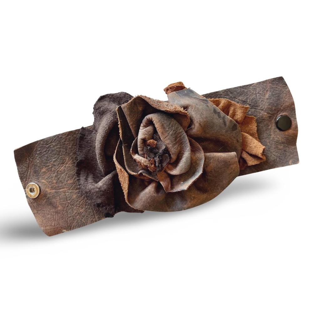 Rustic Leather Rose Cuff Bracelet Handmade Leather Jewelry in Distressed Brown